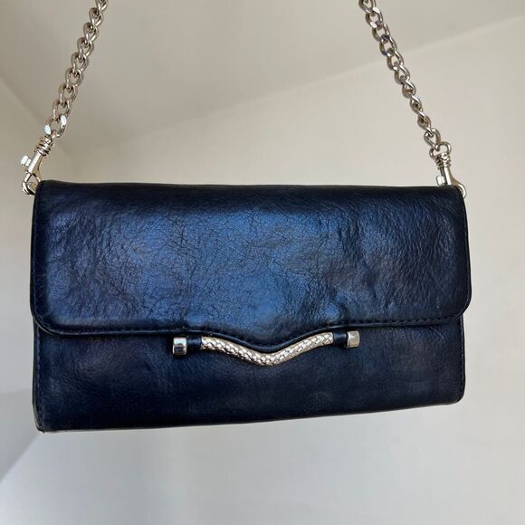 Rebecca Minkoff Black Leather Crossbody Handbag Purse Chain Strap Small Clutch - Picture 1 of 7